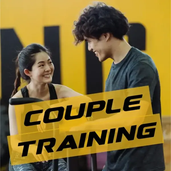 Happy couple exercising together with 'Couple Training' text displayed.