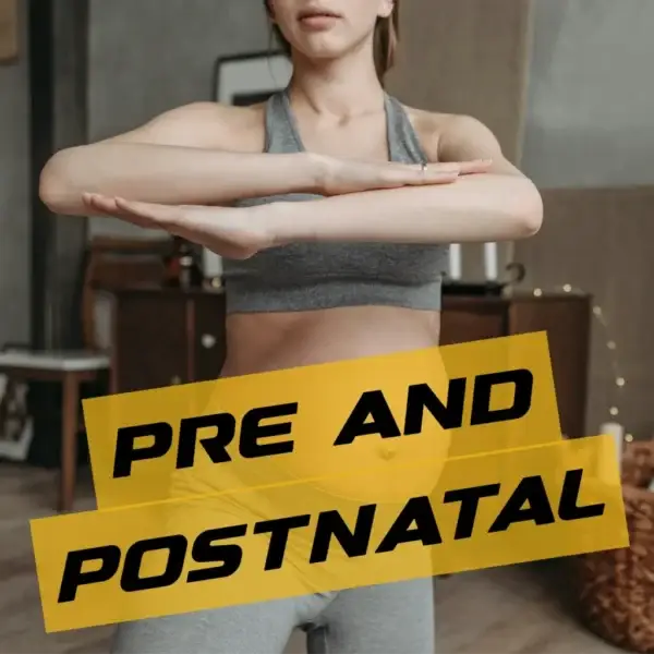 Pregnant woman engaging in exercises with 'Pre and Postnatal' text displayed.